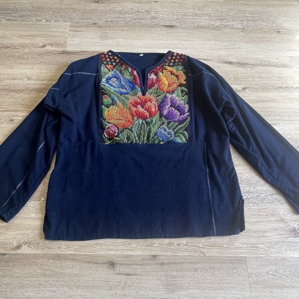 Guatemalan Hand Embroidered‎ Artisan Top Large Indigo Womens Folk Art Tunic** - Picture 2 of 7
